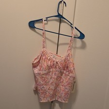 No Boundaries Juniors XL Pink Floral Camisole Tank Top Lace Trim Bow Strap