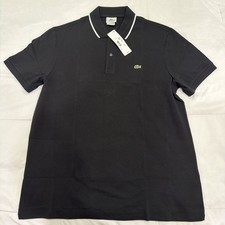 LACOSTE Polo Shirt Pique Cotton Short Sleeve Large 6 Stripe Black White Regular