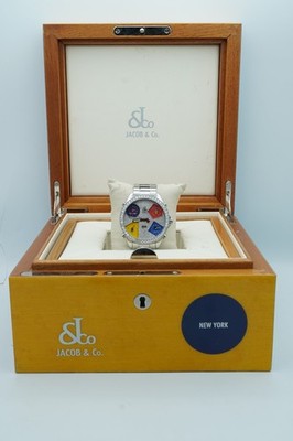Jacob & Co. Five Time Zone Watch Diamond Bezel Full Pave Dial Box & Papers 2005