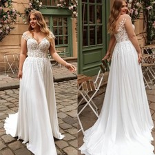 Plus Size Boho V-neck Wedding Dresses Short Sleeves Lace Appliques Floor Length