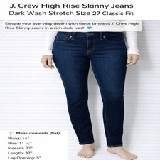 J. Crew High Rise Skinny Jeans Dark Wash Stretch Size 27 Classic Fit