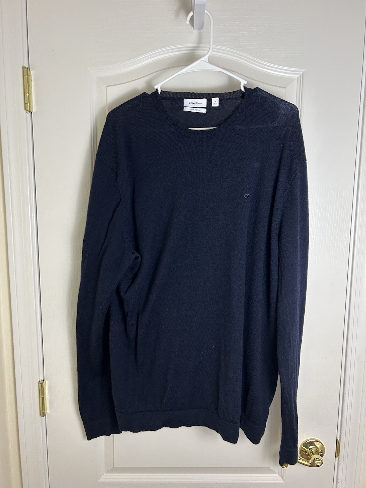 Calvin Klein, Men's Crew Neck Merino Wool Light Pullover Sweater, Navy Blue XL