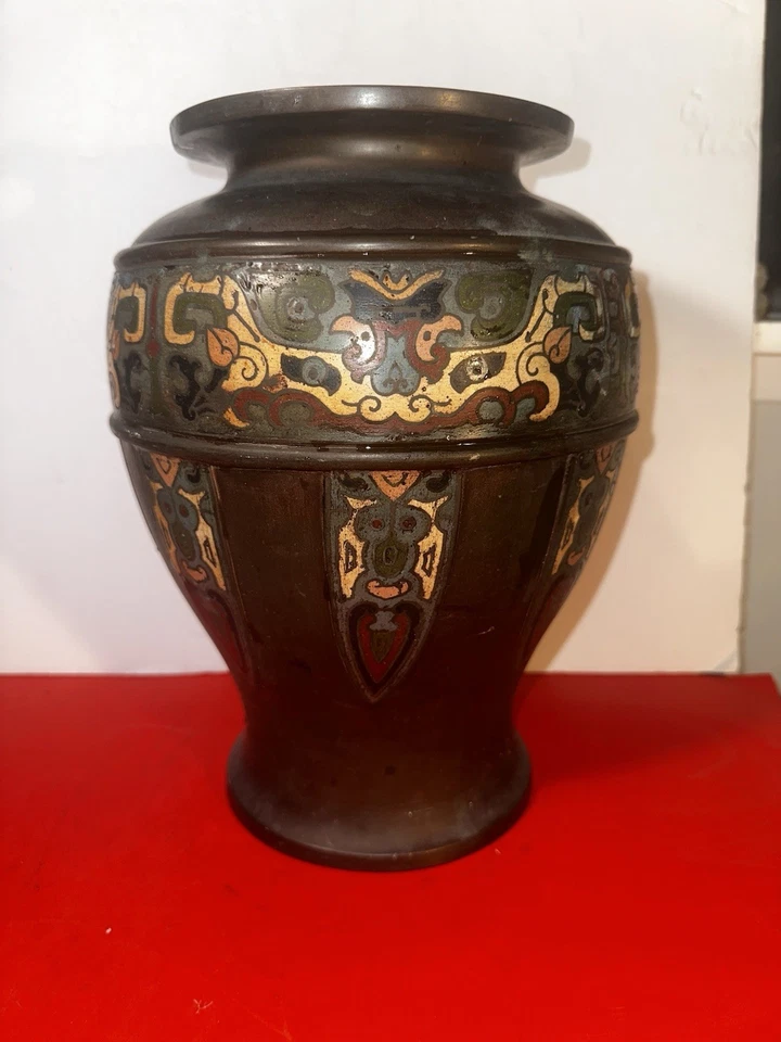 Gran incensario chino de bronce esmaltado Champleve ~ jarrón siglo XVIII marca Xuande Foto 2 de 4