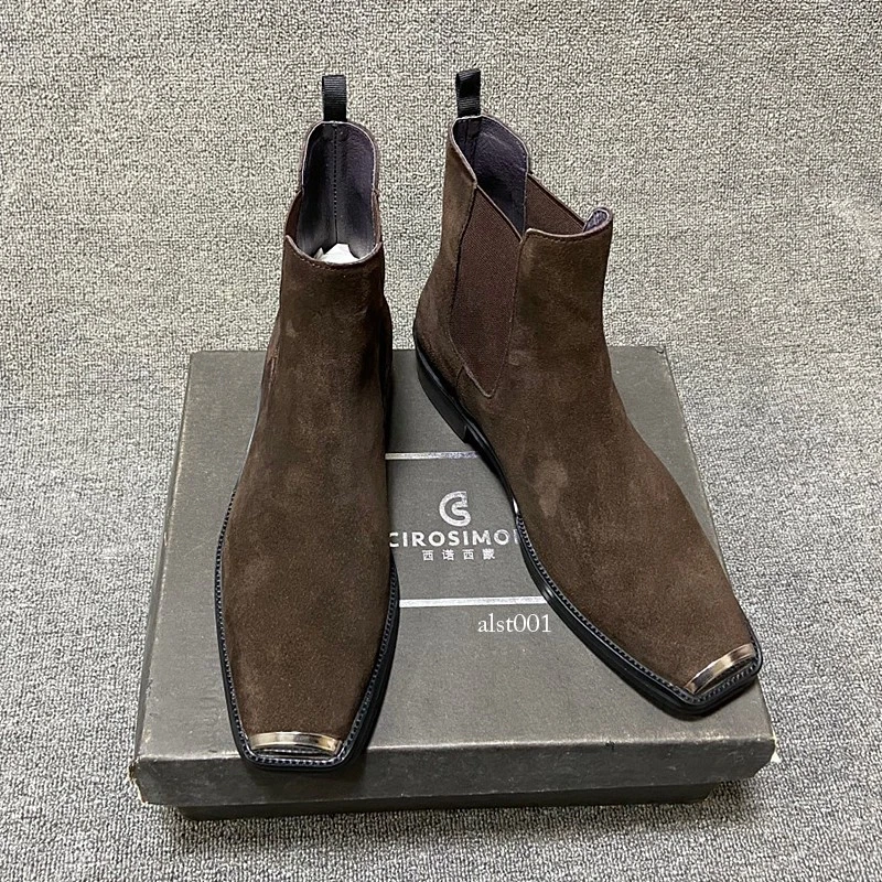 Мужские из натуральной кожи ботильоны замши высоты верхнего Chelsea загрузки металлический квадратный носок туфли - Изображение 2 из 4