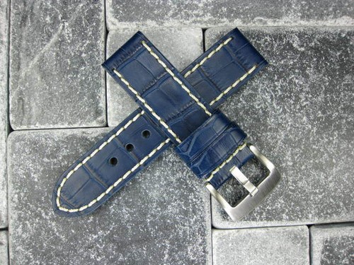 New BIG CROCO 22mm LEATHER STRAP watch Band Blue White Stitch for PANERAI P - Picture 5 of 8