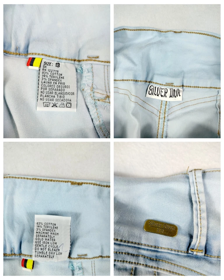 Pantalones de mezclilla plateados Diva para mujer 13 botones de corte diamante de tiro medio lavado claro azul Foto 3 de 4