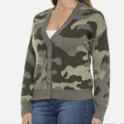 LUCKY BRAND Camouflage Cardigan Small Wool Blend Green Tan Neutral V-Neck Layer - Picture 2 of 8