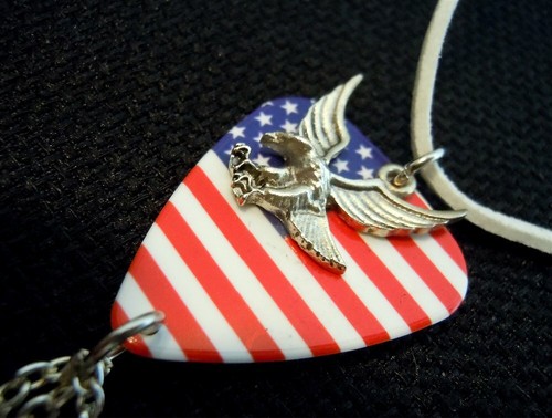 American Flag Guitar Pick Necklace with Eagle Charm and Swarovski Crystals - Picture 2 of 3