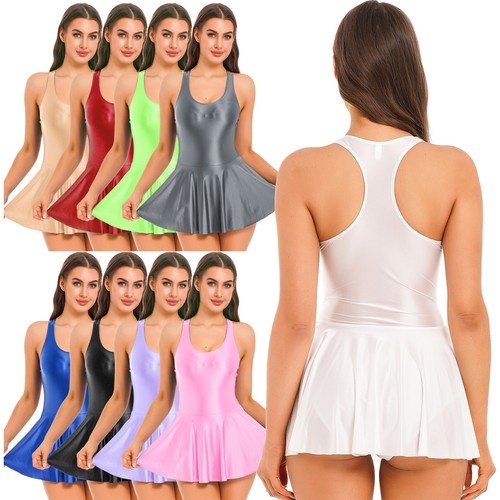 Woman's Shiny Racerback Sleeveless Skater Mini Dress Yoga Fitness Workout Dress - Afbeelding 1 van 109