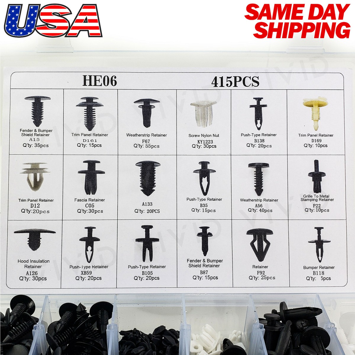 415pc Plastic Fender Fastener Rivets Car Bumper Pin Push Clip