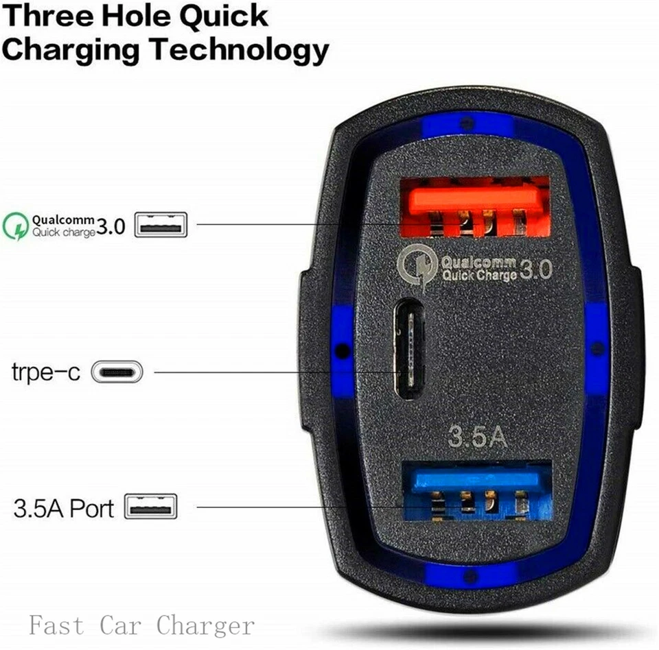 3 Port USB & Tpye C Fast Car Charger 3.1A USB Quick Charger QC3.0 Lighter Socket - image 2 of 4