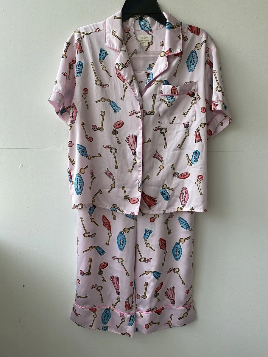Kate Spade Hotel Key Cropped Pajama Set Pink Satiny M Button Up and Pants PJ