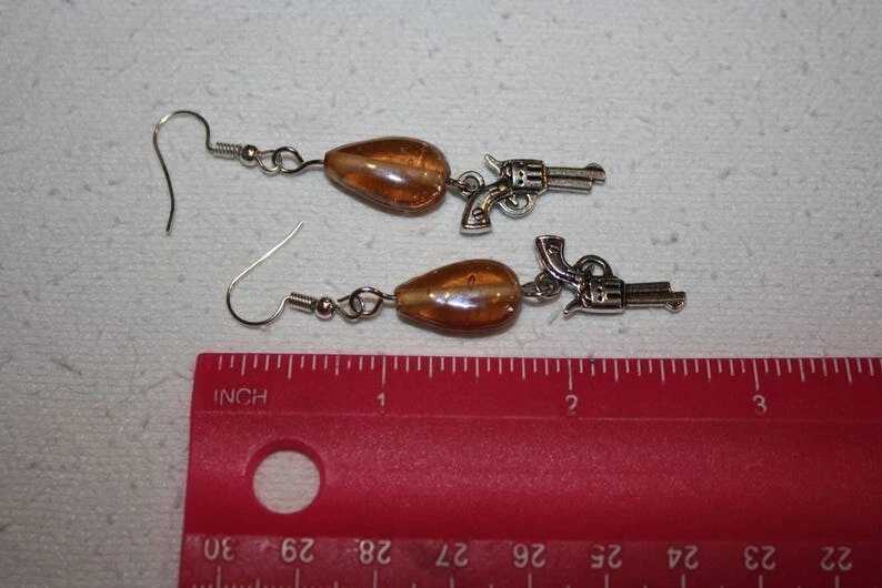 Wild West Tibetan Silver Gun charms brown beaded 2.75" dangle earrings - Image 2 of 4