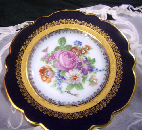 Objet D'art Cobalt Blue Limoges France Floral Gold Rim &Trim 5" Plate -Signed - Picture 2 of 8