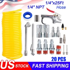 20pcs Air Compressor Accessory Kit 25Ft Recoil Hose Gun Nozzles Set 1/4" NPT New