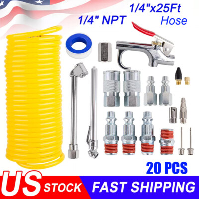 20pcs Air Compressor Accessory Kit 25Ft Recoil Hose Gun Nozzles Set 1/4'' NPT New