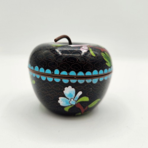 Black Enamel Cloisonne Flower Butterfly Apple Shaped Trinket Box Jar Ring Pill - Picture 5 of 12
