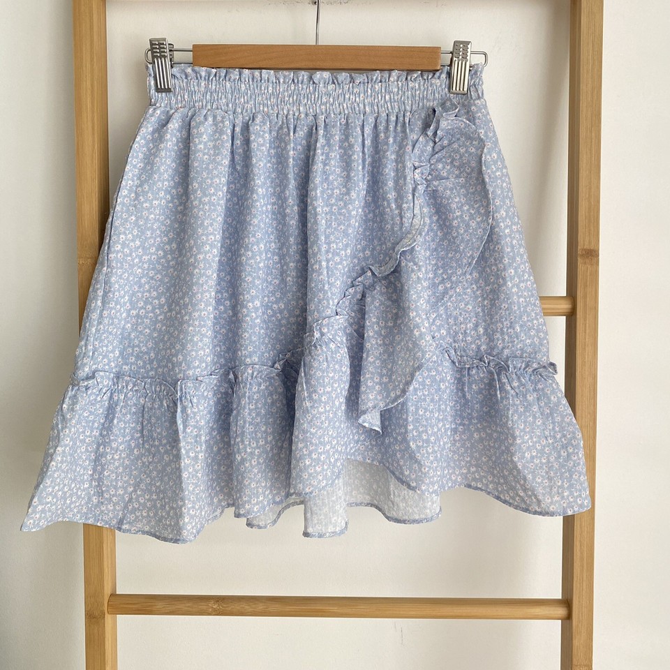Yours Truly Womens Faux Wrap Mini Skirt Size 8 Blue Floral Casual Lined Pockets