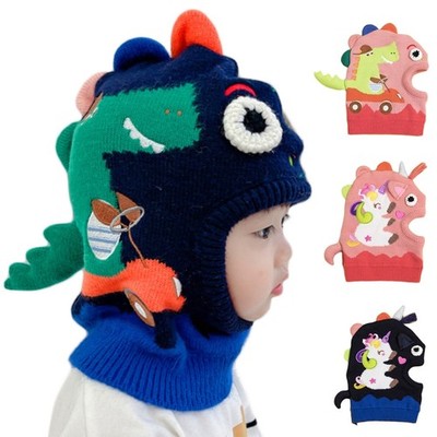 Cute for Dinosaur Hoodies Scarf Cap Winter One-piece Hat for Toddlers Infan