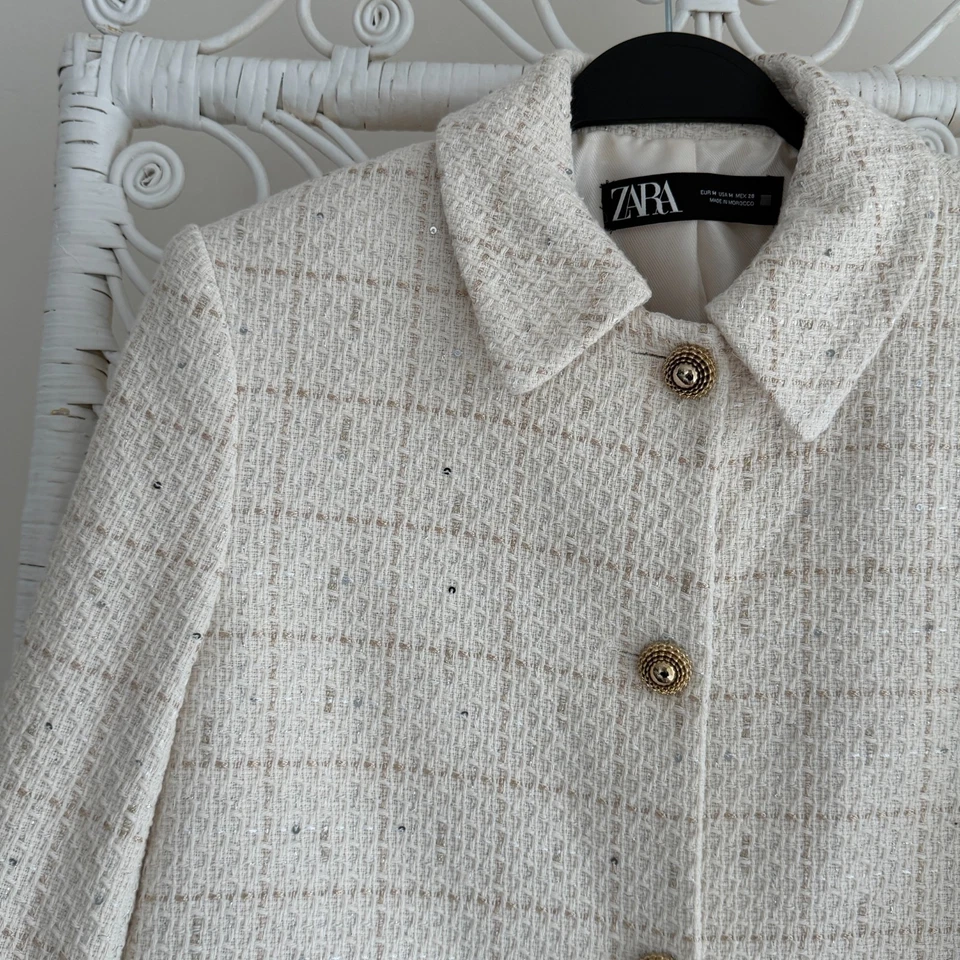 Женская куртка Zara Tweed средний размер кремовая укороченная клетчатая текстурированный блейзер тихая роскошь - Изображение 4 из 4