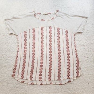 hem & thread Dolman T-shirt Top L White Red Boho Round Neck Linen Slinky Knit