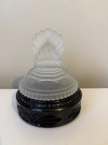 L.E. Smith Pleated Fan Art Deco Powder Jar Black White Frosted Glass 1930s