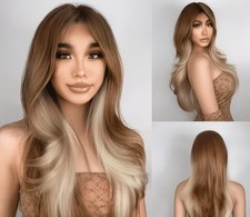Long Ash Blond Golden Brown Wavy Layered Wig for Women Fashion Style 22 inch