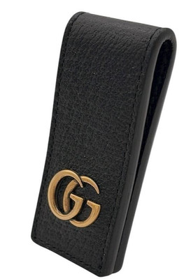 GUCCI GG Marmont Money Clip Wallet Black Gold Leather Compact