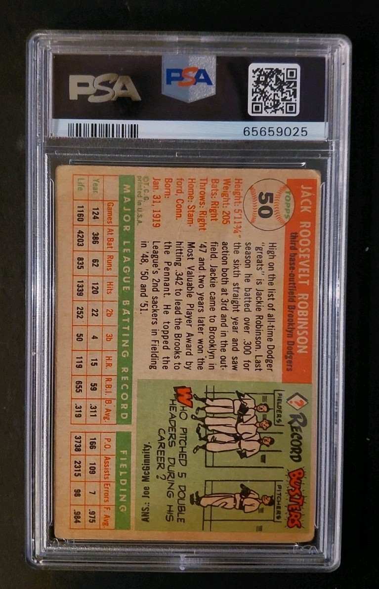 1955 TOPPS JACKIE ROBINSON CARD #50 PSA 2 GOOD GREAT EYE APPEAL BROOKLYN DODGERS view 2