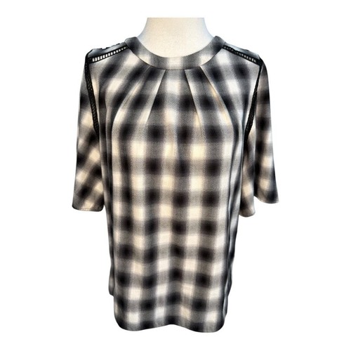 Nordstrom Signature Women's Plaid Blouse Black & White Size Small Lace Back