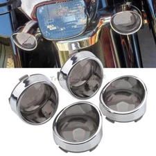 4pcs Smoke Turn Signal Lens Covers w/Chrome Bezel Visors For Harley Softail Dyna