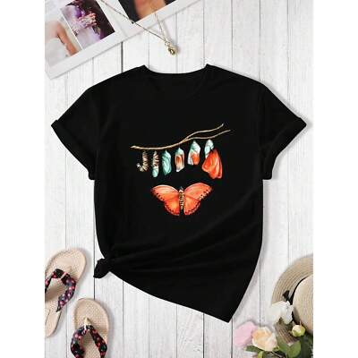 Butterfly Transformation Print, Comfortable Short Sleeve T-Shirt, Breathable Top