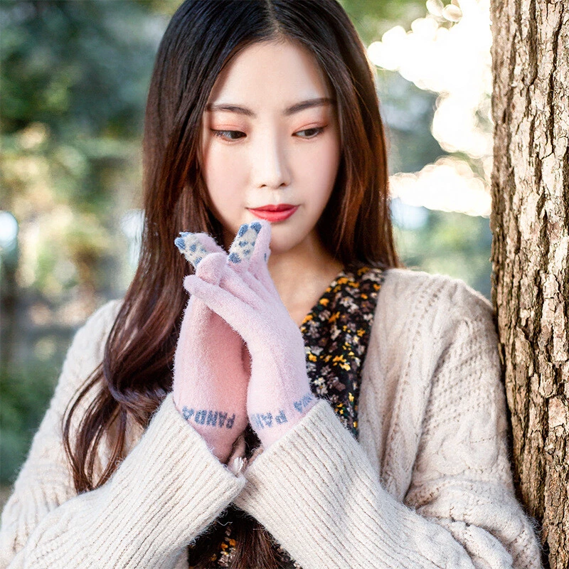 Mujeres Invierno Pantalla Táctil Cálido Lindo Oso Tejido Suave Grueso Polar Guantes para Mensajes de Mensajes Foto 3 de 4