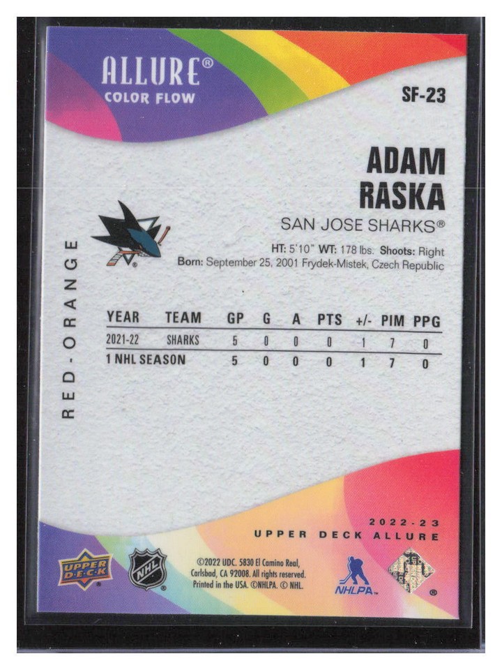 Adam Raska 2022-23 UD Allure Color Flow Red-Orange #SF-23 San Jose ...