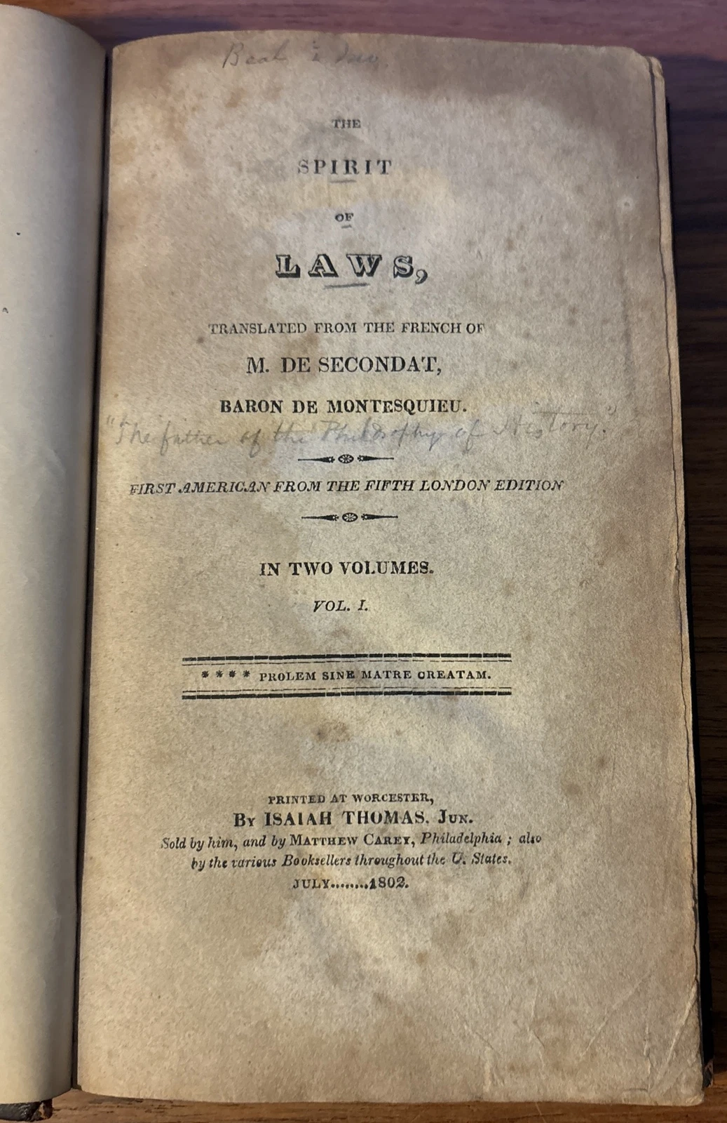 The Spirit of Laws in Two Volumes