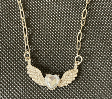 Necklace Heart With Wings Crystal Pendant in Silver Tone New on Card 17-inch