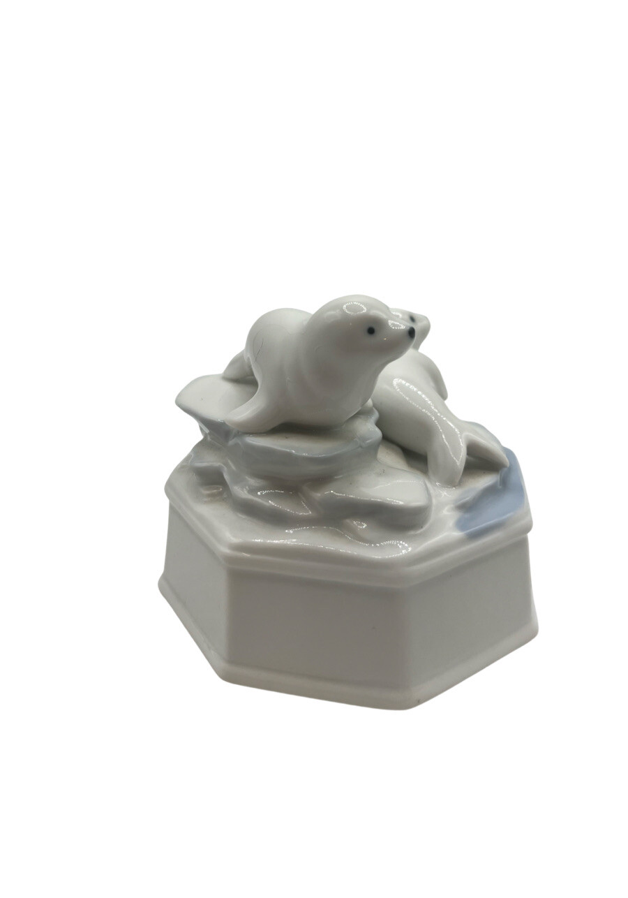Otagiri Japan Baby Seals Music Box White Blue Not Working Ceramic