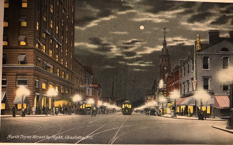 Charlotte North Carolina Trade Street At Night Old Cars RR Tracks Postcard