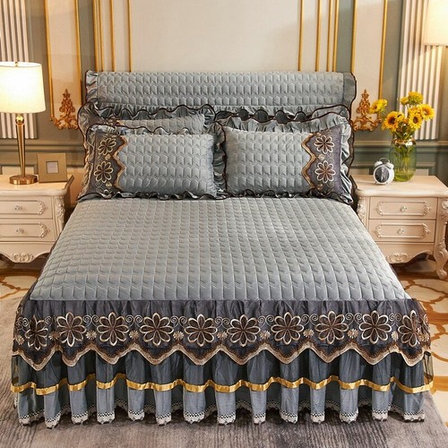 Luxury Winter Crystal Velvet Thicken Quilted Bedspread Flannel Bed Skirt - Picture 21 of 26