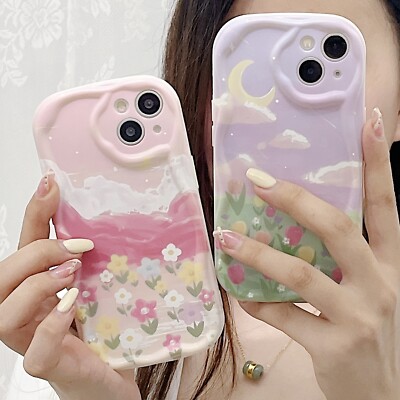 For Various Phone 2D Cream Edge Case Cover Women Girl Oil Painting Cute  Flower | eBay