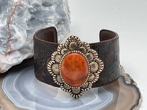 Barse Tooled Leather Band W/ Large Orange Agate Stone  In A Copper Setting