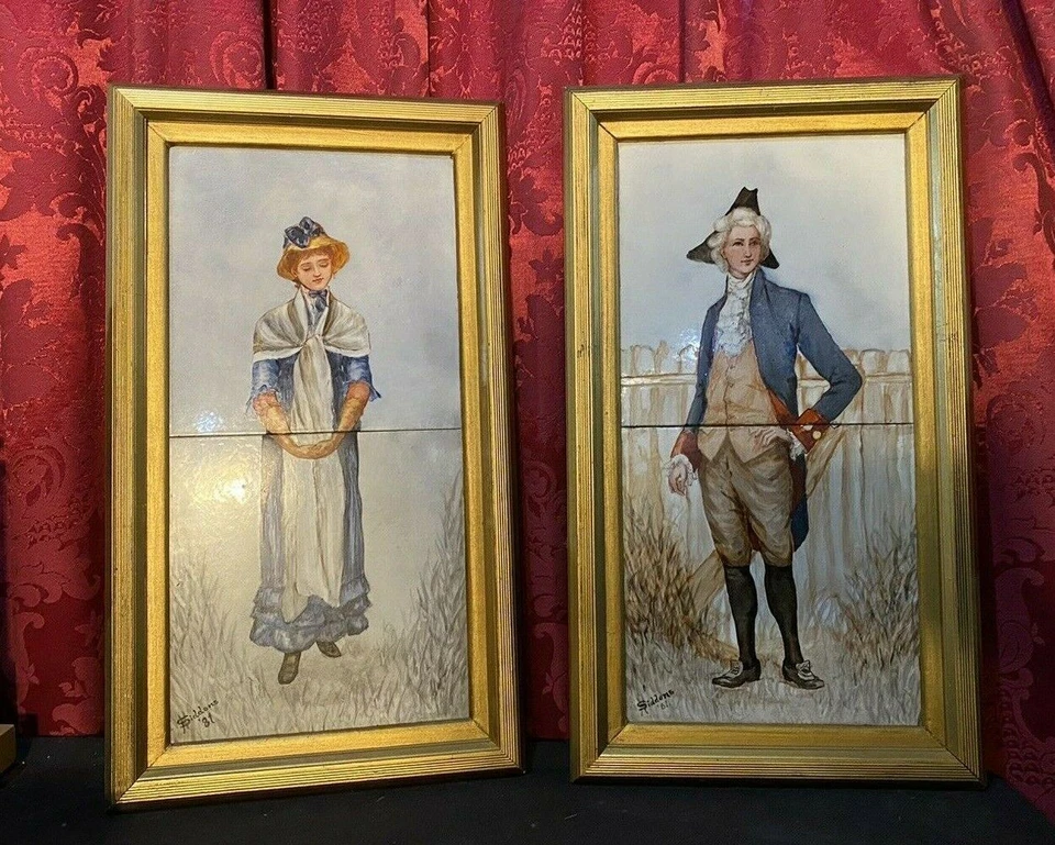 PAR DE AZULEJOS DE RETRATO ANTIGUOS DE PORCELANA MINTON ENMARCADOS LATERALES Foto 2 de 4