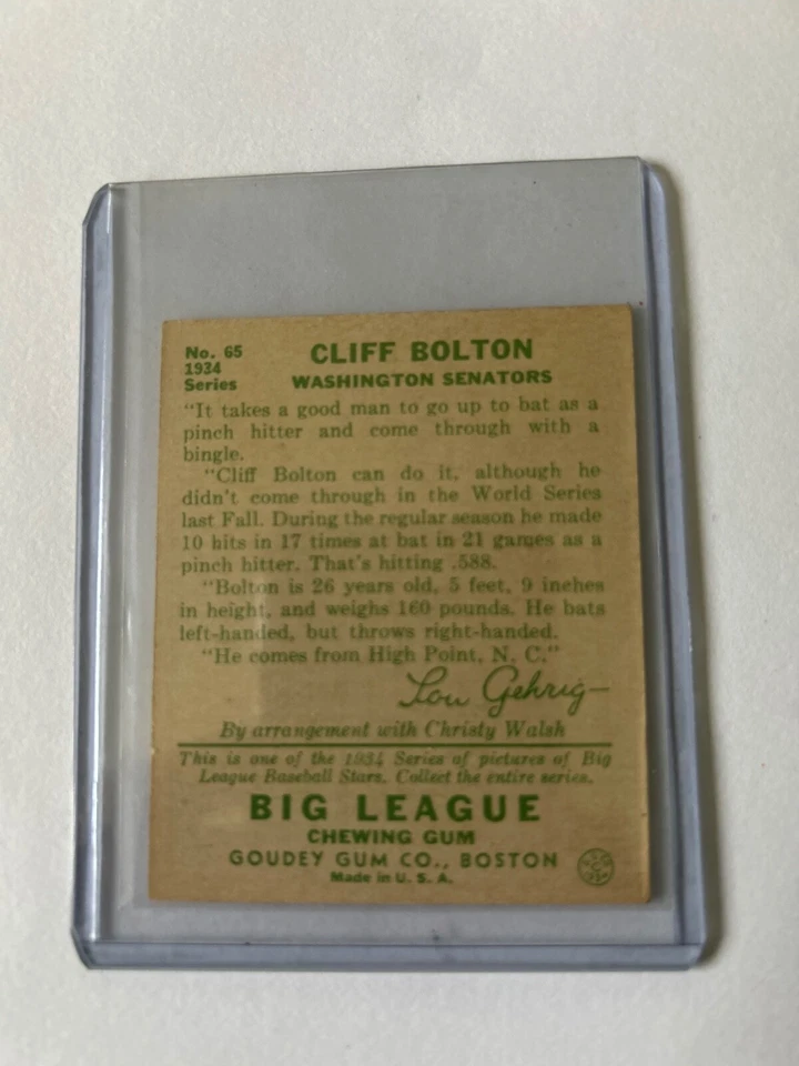1934 Goudey Big League Chewing Gum - R320 #65 Cliff Bolton (RC) - Image 2 of 2