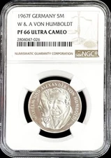 1967 F SILVER GERMANY FEDERAL 5 MARK ALEXANDER VON HUMBOLDT COIN PROOF 66 UC