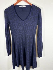 Rachel Roy Blue And Black Floral Knit Skater Dress WhimsiGoth Long Sleeve L