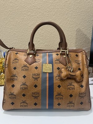 MCM Boston Bag Women Cognac PVC Leather Visetos Brown