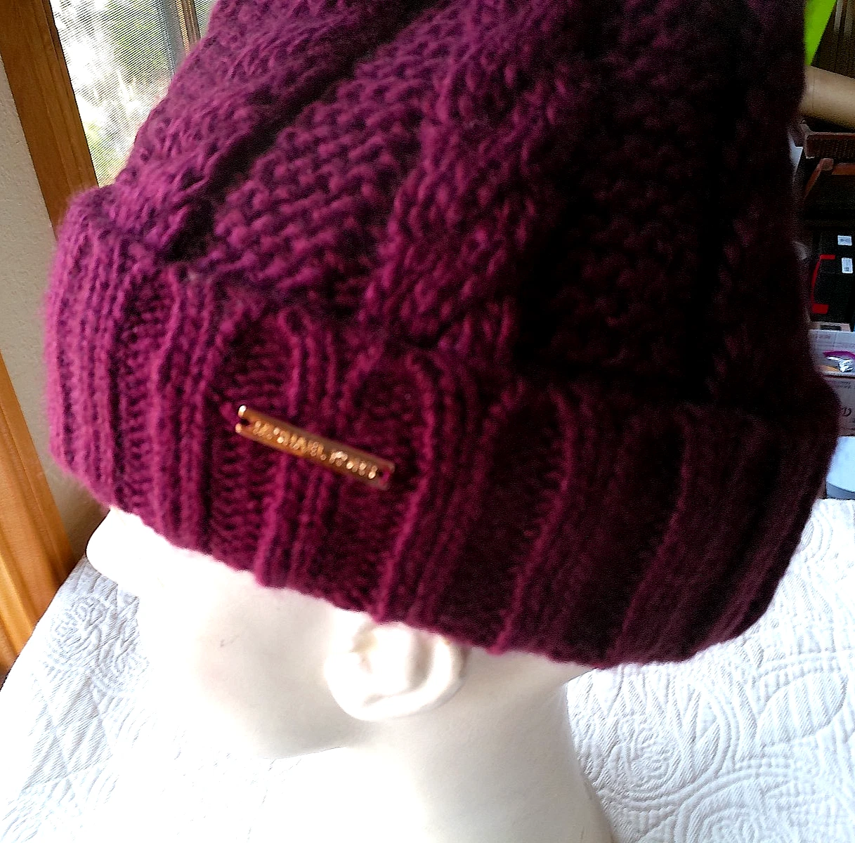 MICHAEL KORS CHUNKY KNIT CUFF FLEECE LINED BEANIE W/POM WINE COLOR NWT $68