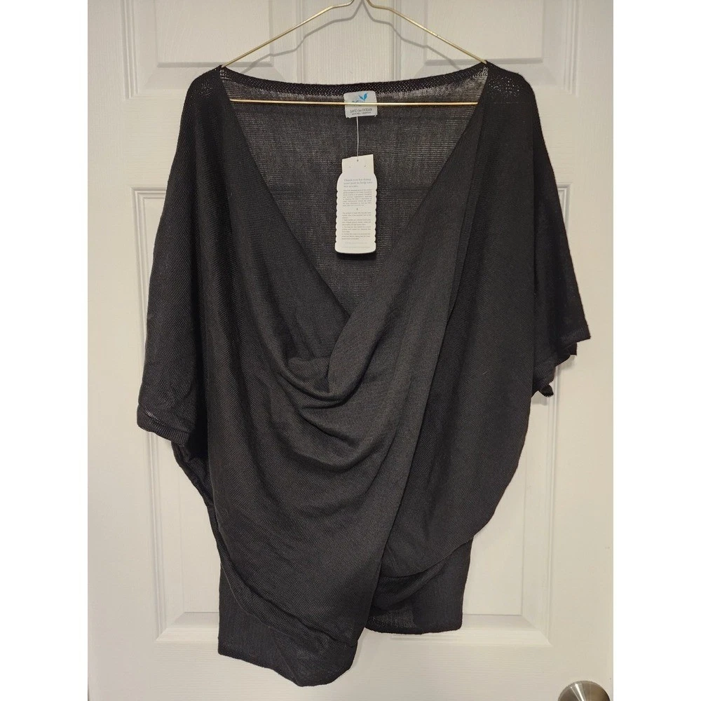 SAVE THE OCEAN Poncho Knit Twist Sweater Top Dolman Sleeve Black NWT one size