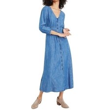 Madewell Chambray Denim Midi Dress Button Front A-Line Boho Pieced Waist Size 00
