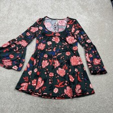 24seven Comfort Apparel Dress Womens Small Green Floral Bell Sleeve Fit Flare